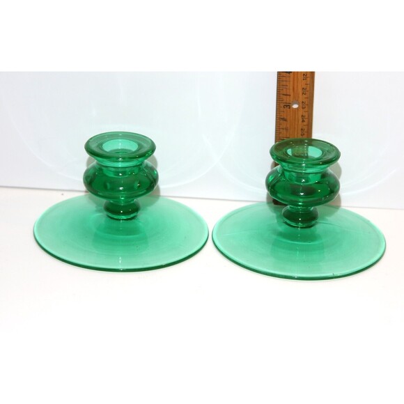 Vtg Pair Uranium Glass Candlestick Holders Green Depression Glass - Picture 3 of 11